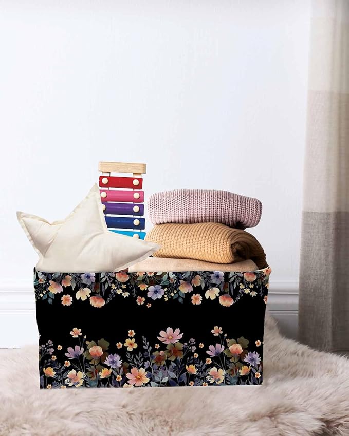 Black Spring Floral Storage Bins Cubes Waterproof Cloth Storage Basket,Elegant Flowers Farmhouse Botanical Foldable Storage Bags for Shelf Clothes Storages Organizers with Handles 15x11x9.5 in 1PCS
