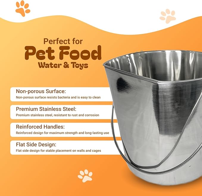 Advance PET Products 6 Quart Heavy Duty Stainless Steel Flat Side Bucket | Durable Food & Water Pail for Dogs, Cats, Kennels, Cages and Critter Crates | Multi-Purpose Bucket