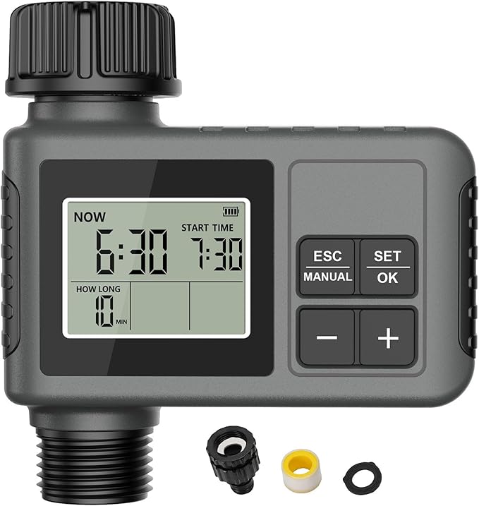 Naroote Programmable Hose Timer, Sprinkler Water Drip Irrigation System for Garden, Rain Delay Manual Watering with IPX5 Water Proof Construction, Large Screen Display