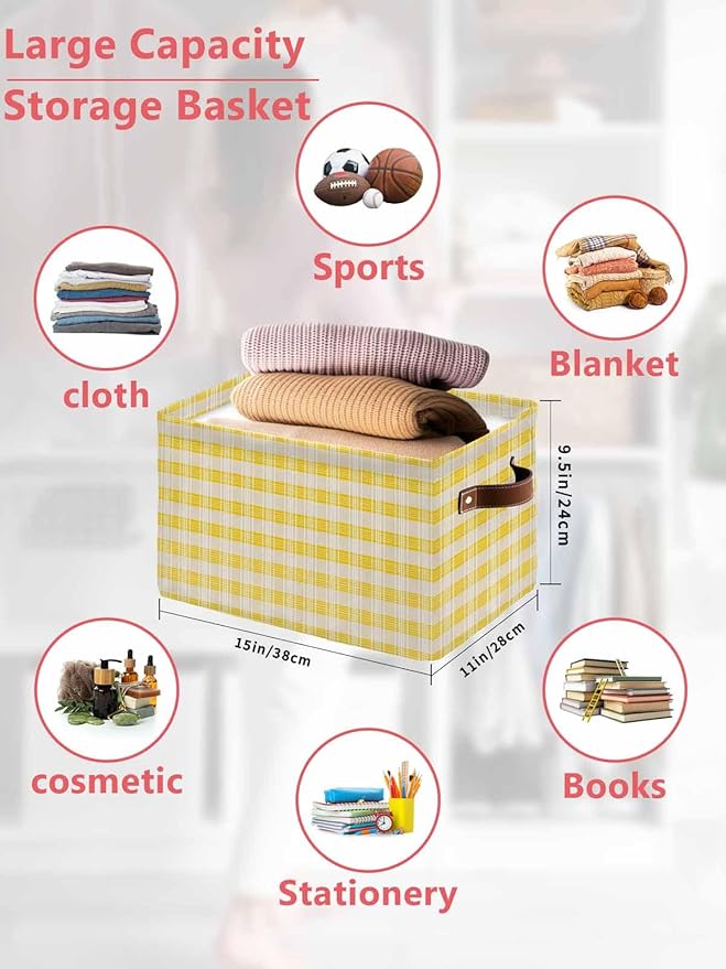 Yellow Plaid Striped Storage Bins Cubes Waterproof Cloth Storage Basket,Farmhouse Checkered Modern Abstract Art Foldable Storage Bags for Shelf Storages Organizers with Handles 15x11x9.5 in 2PCS