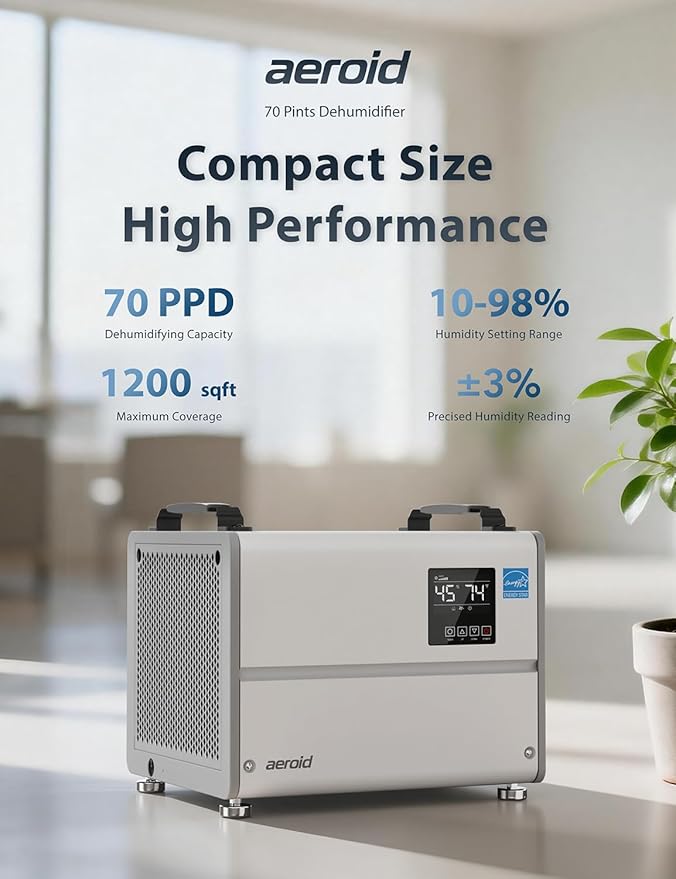 Aeroid 70 Pints Crawl Space Dehumidifier with Built-in Pump and Drain Hose, Portable Commercial Dehumidifier for Basement and Whole Home, Smart Automatic Defrost, Memory Start, Energy Star Certified