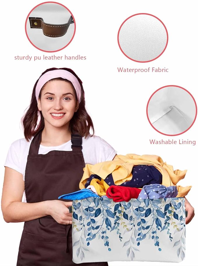 Blue Eucalyptus Storage Bins Cubes Waterproof Cloth Storage Basket, Watercolor Spring Weeping Botanical Foldable Storage Bags for Shelf Clothes Storages Organizers with Handles 15x11x9.5 in 2PCS