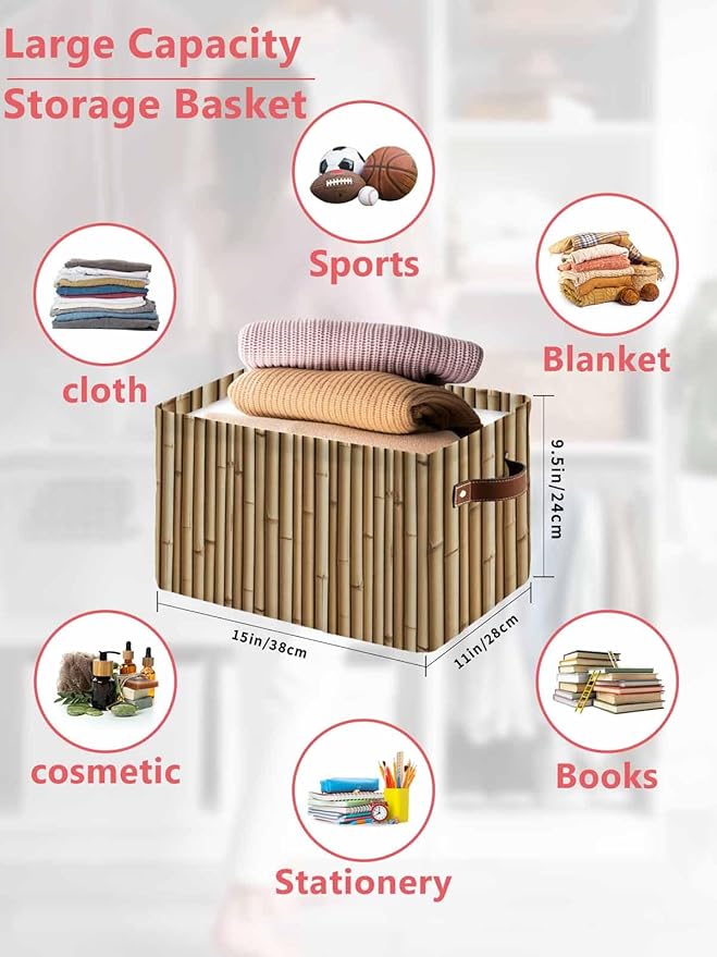 Country Farmhouse Storage Bins Cubes Waterproof Cloth Storage Basket,Vintage Plants Lines Pattern Brown Foldable Storage Bags for Shelf Clothes Storages Organizers with Handles 15x11x9.5 in 2PCS