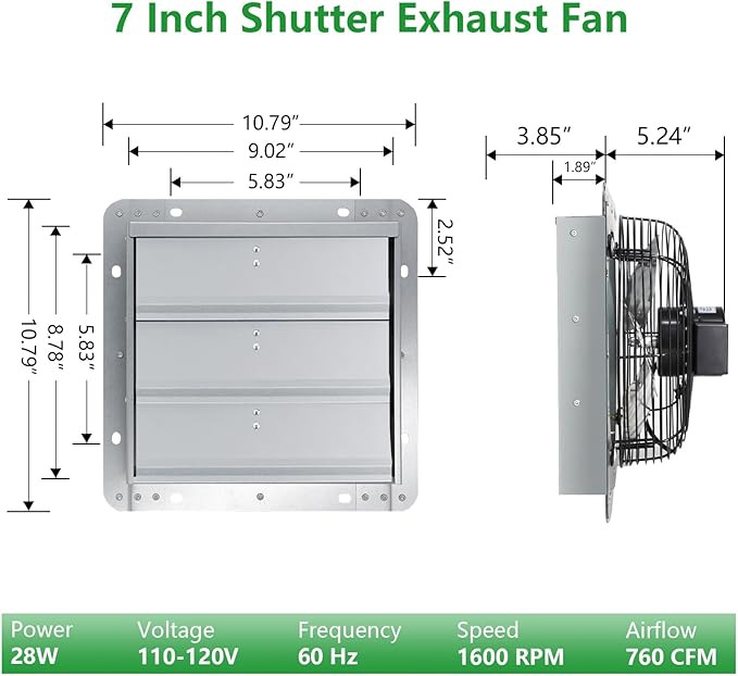 Shutter Exhaust Fan, 7'' Wall Mount Attic Fans w/Speed Controller,760CFM, Chicken Coops Vent Fan for Greenhouse, Gable, Barn, Garage, Shed Ventilation Fan