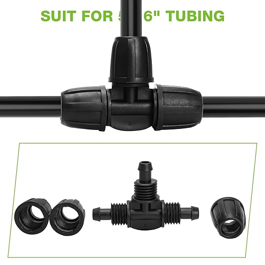 Bonviee 6 Pack 5/16 Inch Drip Irrigation Tee Connectors, Barbed Lock Fittings for 1/2” Tubing, Leak-Proof 3-Way Coupler for Garden Hose, Drip System Repair & Extension