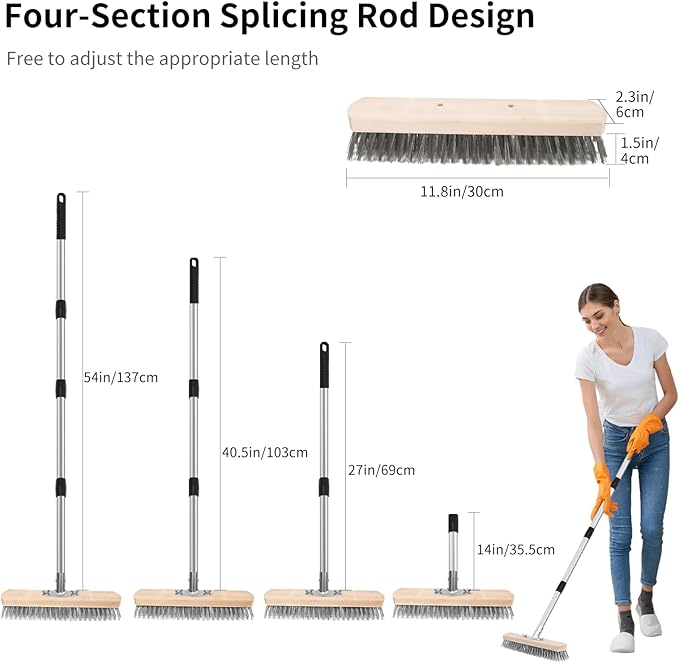 Stainless Steel Wire Scrub Brush with Long Handle, Moss Remover Wire Broom for Deck, Rough Surface, Concrete Floor, Patio, Garden, Garage (Silvery)