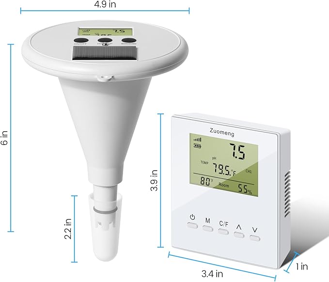 Wireless Pool Monitor, Solar Pool Water Tester with Dual Displays & High-Precision Electrode for Real-Time Detection of Water Temp pH EC TDS for All Swimming Pools, Spas, and Hot Tubs