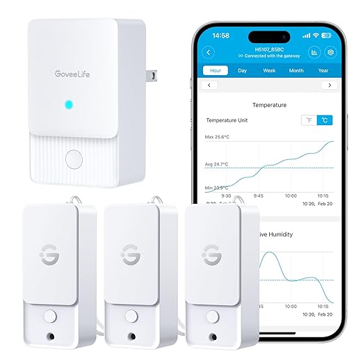 GoveeLife Outdoor Indoor Wireless Wi-Fi Gateway Thermometer Hygrometer, IP65 Waterproof Temperature Humidity Sensor Monitor with Remote APP Alert, 1312ft Monitoring Range,for Home, Greenhouse, Patio
