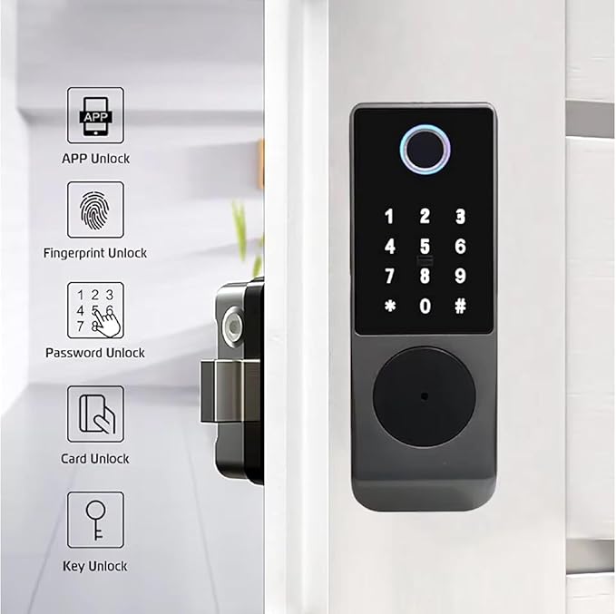 Smart Fingerprint Gate Door Lock – Waterproof Keyless Rim Latch with Tuya App, Passcode Keypad, IC Card & Mechanical Key, Built-in Doorbell, Smart Lock for Outdoor Fence, Yard & Home Security