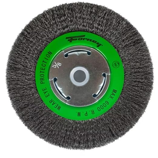 Forney 72751 Wire Bench Wheel Brush, Narrow Face Fine Crimped with 1/2-Inch and 5/8-Inch Arbor, 6-Inch-by-.008-Inch