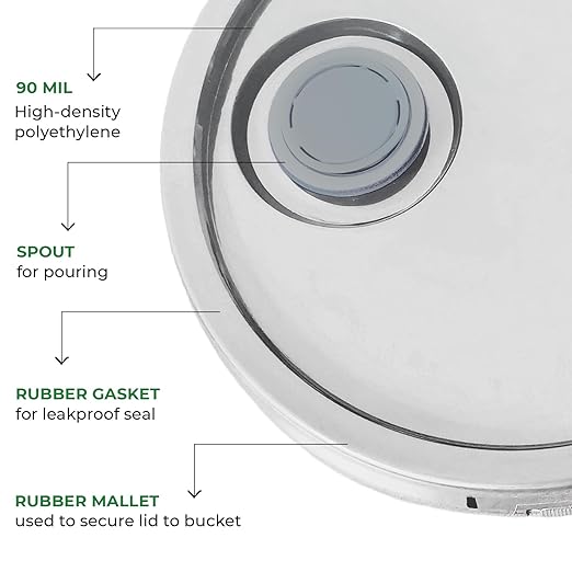 3.5-Gallon White Bucket Pail with Spout Lid, Metal Handles with Plastic Grip for Easy Carrying, Easy Stack and Store, Heavy-Duty Extra Durable, Food Grade, BPA Free - 2 Pack