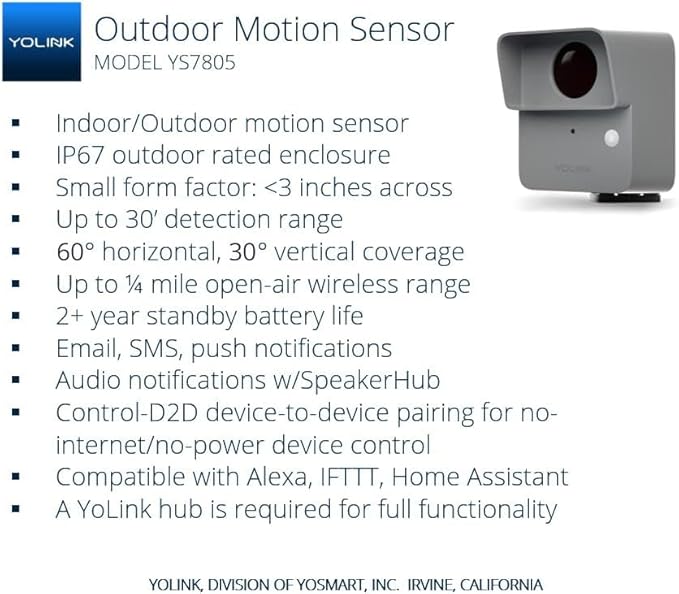 YoLink LoRa Smart Outdoor Motion Sensor, Driveway Alert, Property Invasion/Tresspassing Detector, 1/4 Mile Open Air Range, Email/SMS/Push Alerts, Alexa, IFTTT, Home Assistant (Hub Included!)