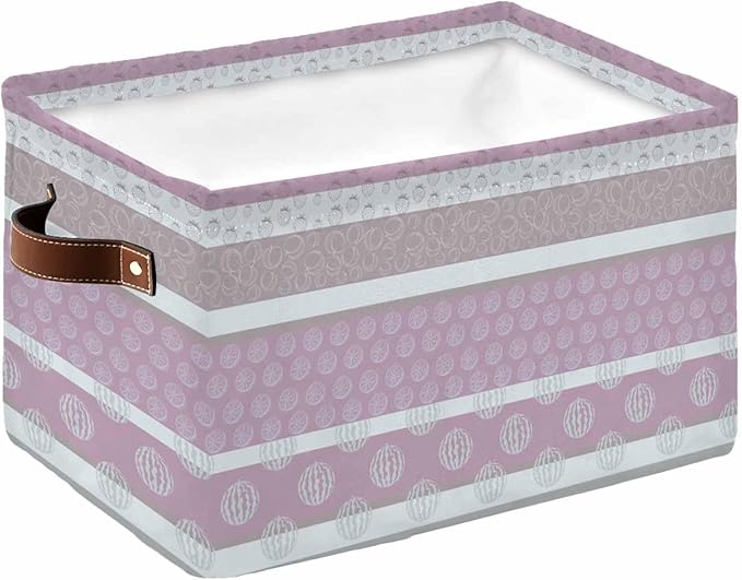 Farm Fruits Storage Bins Cubes Waterproof Cloth Storage Basket,Watermelon Lemons Peach Pink Grey Striped Foldable Storage Bags for Shelf Clothes Storages Organizers with Handles 15x11x9.5 in 1PCS