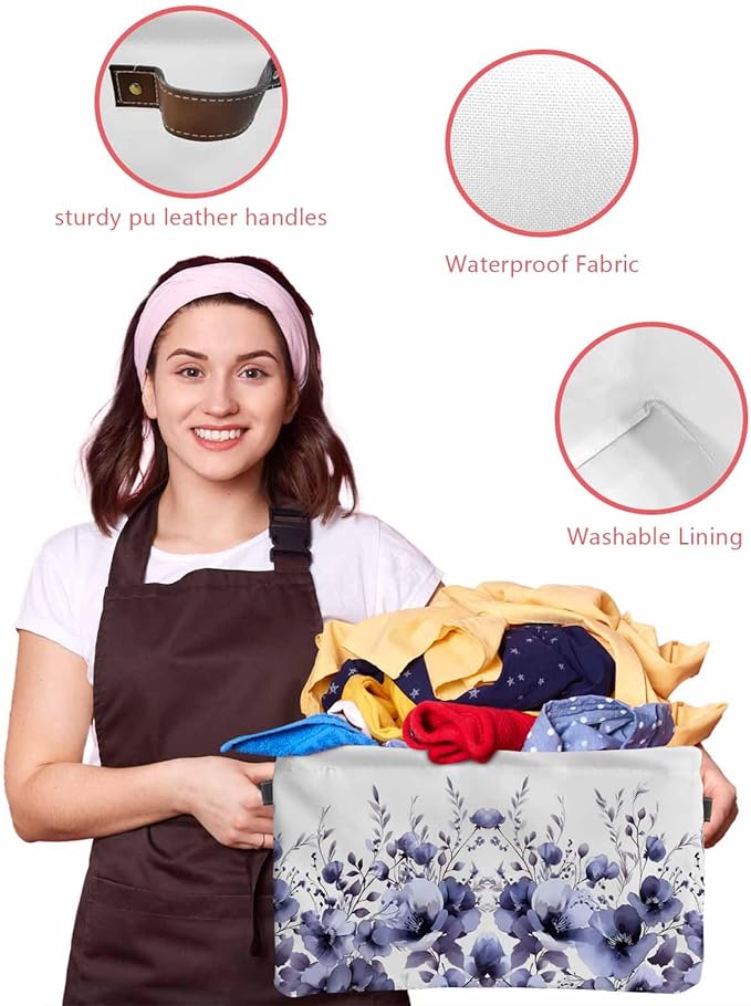 Purple Blooms Floral Storage Bins Cubes Waterproof Cloth Storage Basket,Farmhouse Spring Flowers Botanical Foldable Storage Bags for Shelf Clothes Storages Organizers with Handles 15x11x9.5 in 2PCS