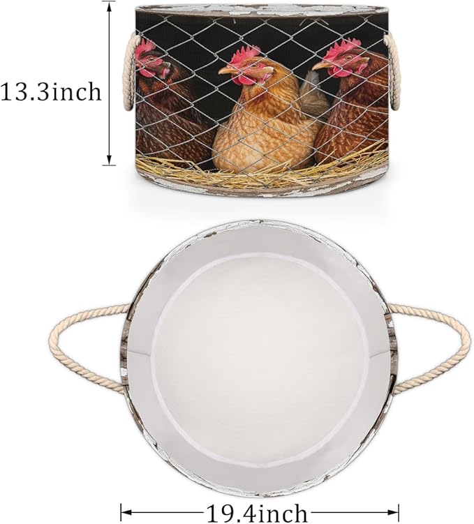 Large Storage Baskets - Rustic Farm Chicken Coop Nursery Round Collapsible Organizer Bin Box, Laundry Hamper for Kids Toys, Blanket, Bedroom Living Room Home Decor, Gift Basket, 19.4"x13.3"