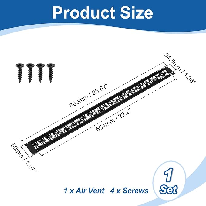 uxcell Aluminum Alloy Air Vents, 600 x 50mm / 23.6 x 2" Rectangle Louvered Ventilation Grille Cover with Mounting Screws for Door Cabinet Wardrobe, Matt Black