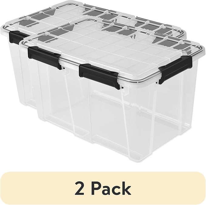 54 Quart Waterproof Clear Plastic Storage Bin with Gasket Seal & Durable Latches – Large Gasket Box for Home Organization, Black 2 Pack