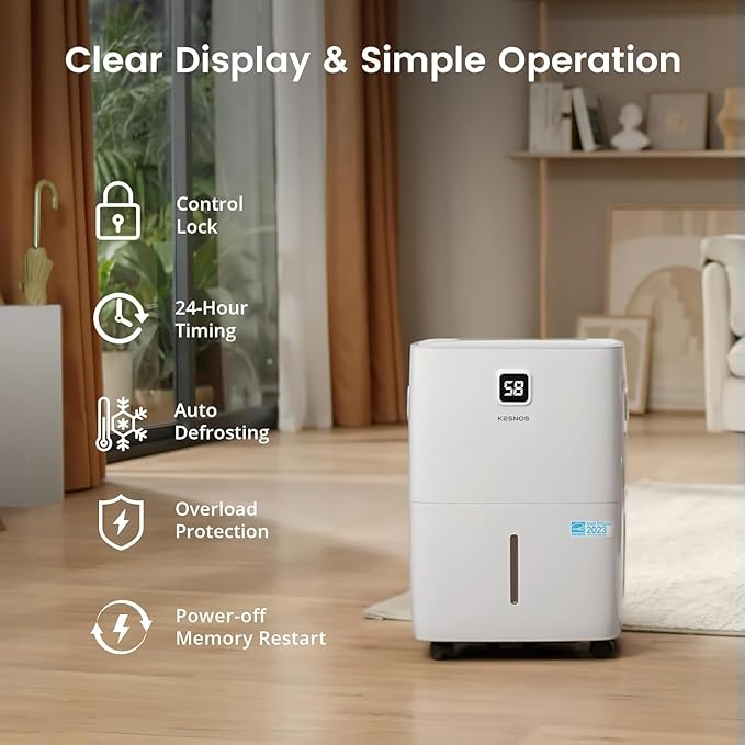 Kesnos 120 Pints Energy Star Dehumidifier for Basement & Home with Drain Hose, Front LED Display and 1.06 Gal Water Tank, Ideal for Large Room up to 6,500 Sq. Ft., Auto Defrost, Timer
