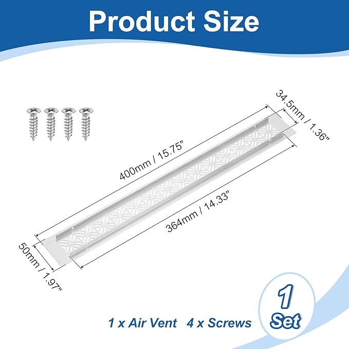 uxcell Aluminum Alloy Air Vents, 400 x 50mm / 15.7 x 2" Rectangle Louvered Ventilation Grille Cover with Mounting Screws for Door Cabinet Wardrobe, Silver