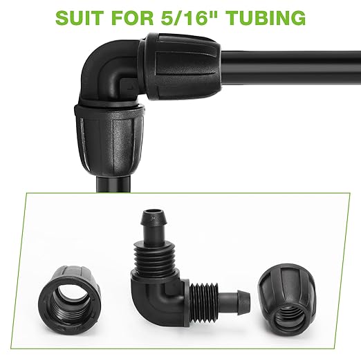 Bonviee 6 Pack 5/16” Drip Irrigation Elbow Connectors, 90° Barbed Lock Fittings for 5/16 Inch Tubing, Leak-Proof Corner Connector for Garden Hose Layout, Irrigation System Repair and Setup