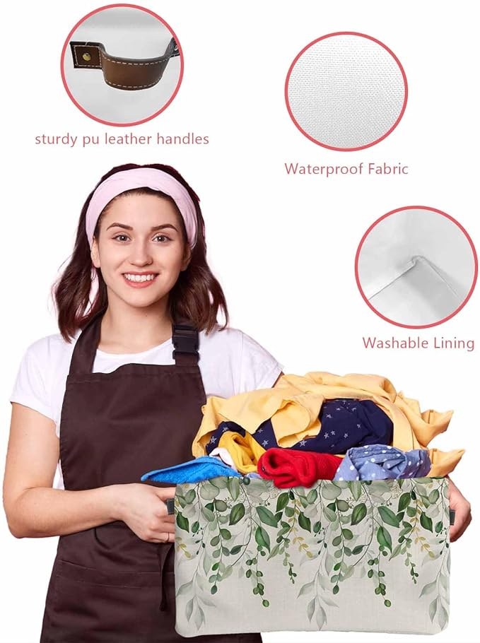 Sage Green Eucalyptus Storage Bins Cubes Waterproof Cloth Storage Basket,Farmhouse Weeping Leaves Linen Foldable Storage Bags for Shelf Clothes Storages Organizers with Handles 15x11x9.5 in 1PCS