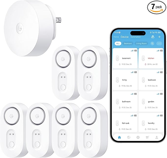 GoveeLife Upgraded Smart Water Leak Detector 1s with 1804 ft Ultra-Long Range, WiFi Water Sensor with SMS/Email/APP Push and Sound Alarm, 5-Year Battery Life, Suit for Home, Basement, Kitchen, 6 Pack