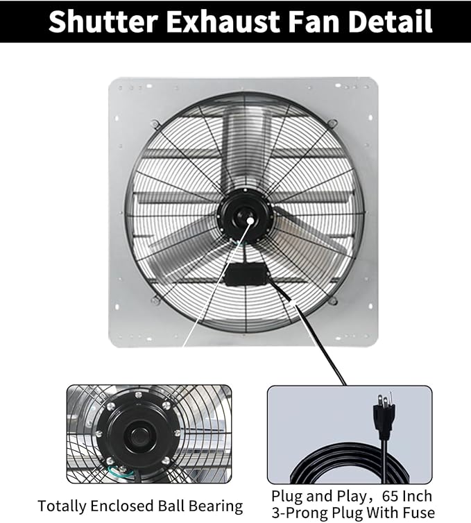 24 Inch Shutter Exhaust Fan, Vent Fan with Power Cord Wall-Mount, High Speed 4200 CFM for Garages, Attic, Shops, Greenhouse