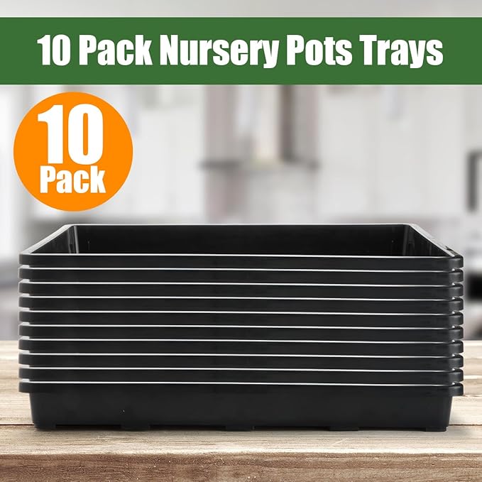 RooTrimmer 10 Pack Nursery Pots Trays (17"x11"x2"), Plastic Flat Seed Starter Trays, Durable Carrying Seedling Starter Tray, Reusable Tray for Planting and Collecting Drainage Water (Black)