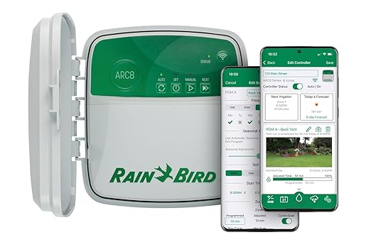 Rain Bird ARC8 App-Based Indoor/Outdoor Smart Irrigation WiFi Timer/Controller, Gray and Green & CPF075 in-Line Automatic Sprinkler Valve with Flow Control, 3/4" Threaded Female x Female