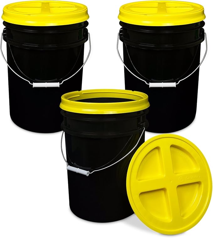 ePackageSupply 5 Gallon Bucket - Food Grade Bucket with Airtight Gamma Seal Screw-On Lid, BPA-Free, Heavy-Duty 90 Mil HDPE Plastic, Bulk Storage, Durable Container, Made in USA, Black/Yellow, 3 Packs