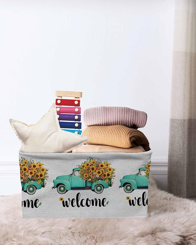 Country Sunflowers Storage Bins Cubes Waterproof Cloth Storage Basket, Welcome Rustic Truck Floral Farmhouse Foldable Storage Bags for Shelf Closet Clothes Organizers with Handles 15x11x9.5 in 1PCS