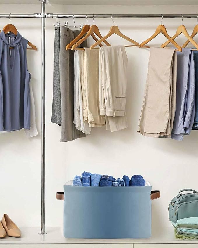 Blue Grey Ombre Storage Bins Cubes Waterproof Cloth Storage Basket, Farmhouse Gradient Minimalist Foldable Storage Bags for Shelf Closet Clothes Storages Organizers with Handles 15x11x9.5 in 2PCS