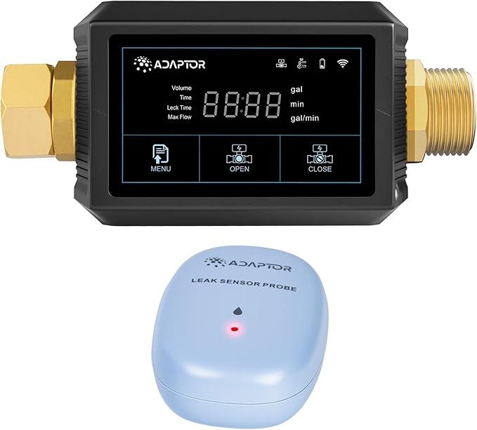 Adaptor Smart WiFi Water Leak Detection Valve & Water Detector Sensor Bundle, Automatic Shut Off, ¾” Pipe Compatible, App Alerts, Home Flood Sensor Prevention System