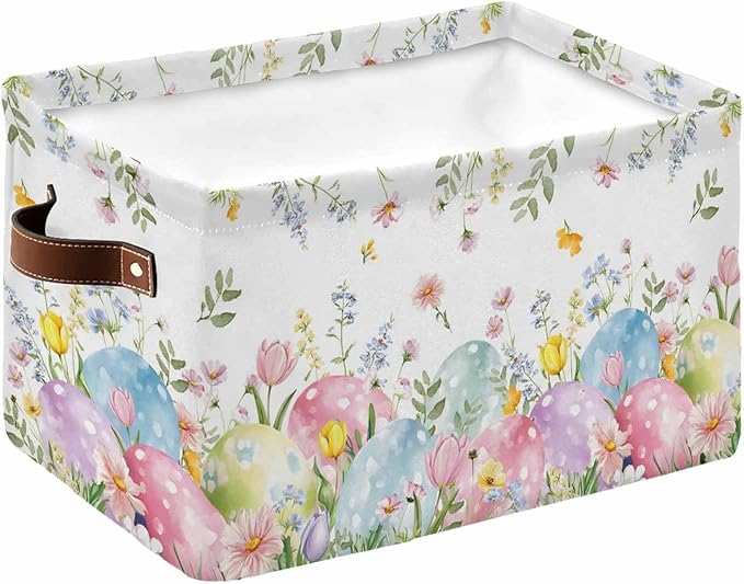 Easter Eggs Storage Bins Cubes Waterproof Cloth Storage Basket,Country Wildflower Spring Watercolor Botanical Foldable Storage Bags for Shelf Clothes Storages Organizers with Handles 15x11x9.5 in 1PCS