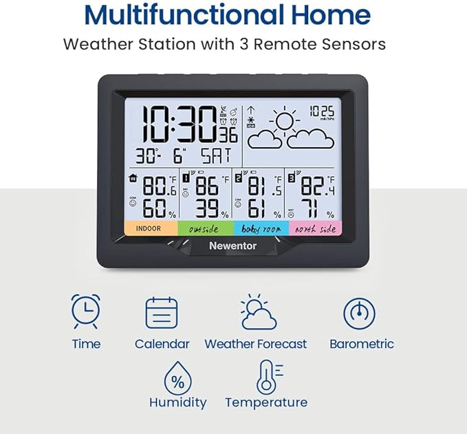 Newentor Weather Station Wireless Indoor Outdoor Multiple Sensors, Digital Atomic Clock Weather Thermometer, Temperature and Humidity Monitor, Forecast Weather Station with Backlight, Black