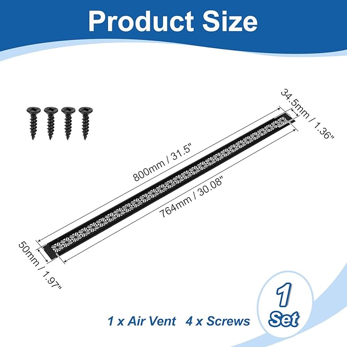 uxcell Aluminum Alloy Air Vents, 800 x 50mm / 31.5 x 2" Rectangle Louvered Ventilation Grille Cover with Mounting Screws for Door Cabinet Wardrobe, Matt Black
