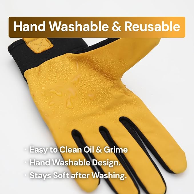 DEX FIT MG210P Mechanic Work Gloves, Waterproof Cowhide Leather Palm, Breathable Mesh Back, 3D Ergonomic Fit for Auto Repair, Construction, Gardening; Orange/Gold M 1 Pair