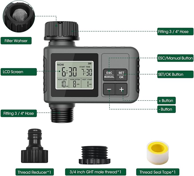 Water Timer for Garden Hose, Programmable Water Sprinkler Timer with Rain Delay, Manual Automatic Lawn Watering System Irrigation Controller, 3/4in Male Thread