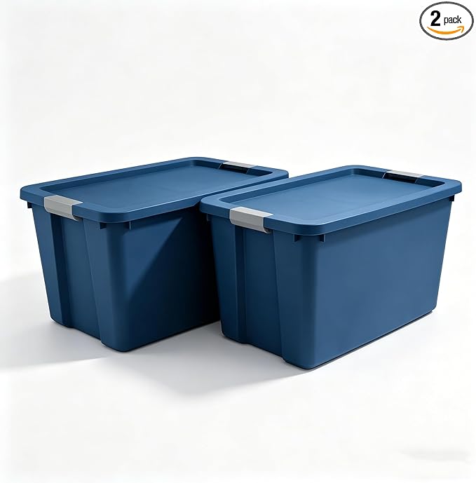 (2 pack) 34 Gallon Extra-Large Storage Bin, Plastic Storage Container with Latching Lid, Stackable Blue Bin for Home Garage Organization