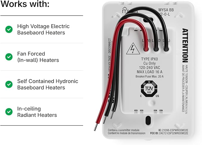 Mysa Smart Thermostat LITE - Line Voltage Electric Baseboard Heater Thermostat 120V/240V | DIY Install | HomeKit, Alexa, Google | Wi-Fi Programmable | App Control