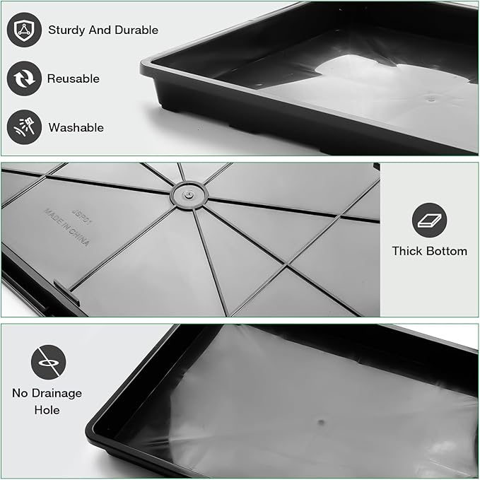 RooTrimmer 10 Pack Nursery Pots Trays (17"x11"x2"), Plastic Flat Seed Starter Trays, Durable Carrying Seedling Starter Tray, Reusable Tray for Planting and Collecting Drainage Water (Black)