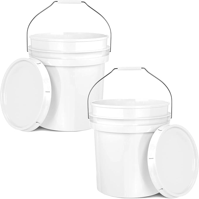 EconoHome 5-Gallon White Bucket Pail Container with Lid | Metal Handles with Plastic Grip for Easy Carrying | Easy Stack and Store | Heavy-Duty Extra Durable | Food Grade | BPA Free - 2 Pack
