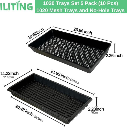 1020 Trays Set - 5 Pack (10 Pcs) Durable 1020 Mesh Tray and No-Hole Tray, Ideal Soil Blocking Trays for Seedlings, Microgreens, and Hydroponics, Heavy-Duty