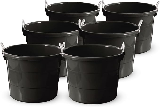 HOMZ 6-Pack Utility Tub, Large Plastic Storage Bucket with Rope Handles, 17 Gallon, Black - Portable Indoor and Outdoor Buckets for Kitchen, Laundry, Garden, Bathroom, and Garage Organization