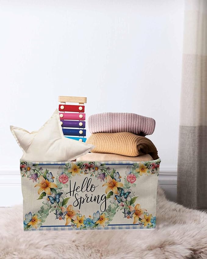 Hello Spring Storage Bins Cubes Waterproof Cloth Storage Basket,Farmhouse Floral Eucalyptus Wood Plaid Burlap Foldable Storage Bags for Shelf Clothes Storages Organizers with Handles 15x11x9.5 in 2PCS