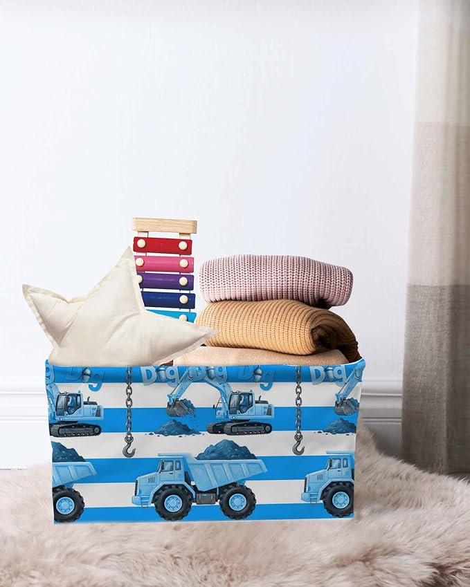 Blue Striped Truck Storage Bins Cubes Waterproof Cloth Storage Basket, Farmhouse Stripes Modern Art Foldable Storage Bags for Shelf Closet Clothes Organizers with Handles 15x11x9.5 in 1PCS