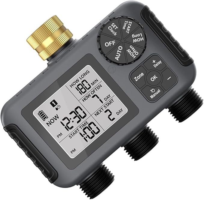 Automatic Garden Watering Timer with 3 Independent Valves Rain Delay and Adjustable Schedule IPX5 Waterproof Irrigation Controller for Lawn Plants Outdoor