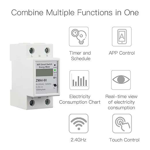 WiFi Smart Energy Monitor Switch Meter, Compatible with Alexa Google Home, Remote Control with Smart Life/Tuya App, Din Rail Tester Current Voltage Amperage Power Meter AC 110-230V 60A Multimeter