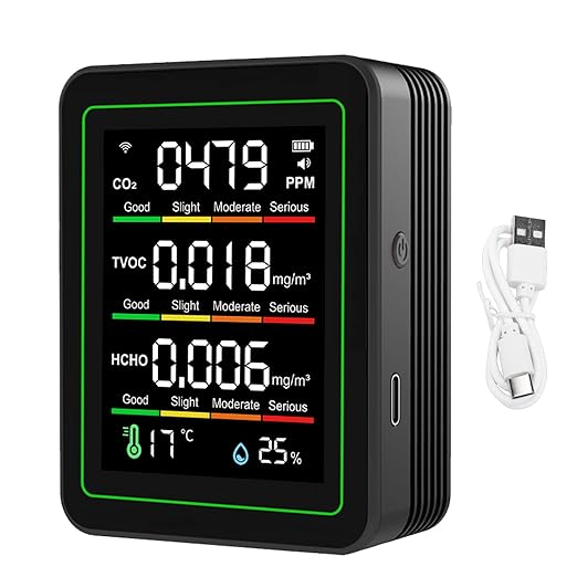 5 in 1 WiFi Air Quality Monitor, Portable Air Quality Tester, Smart Sensor with APP Remote Control & Color Screen, Ideal for CO2, HCHO, TVOC, Temperature & Humidity