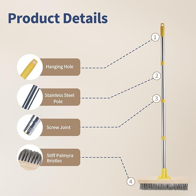 NICOFPHY Stainless Steel Deck Brushes for Scrubbing Heavy Duty, 60" Concrete Floor Scrub Brush with Long Handle, Metal Stiff Wire Scrubber Broom for Cleaning Moss, Garage, Patio, Garden, Outdoor Stain